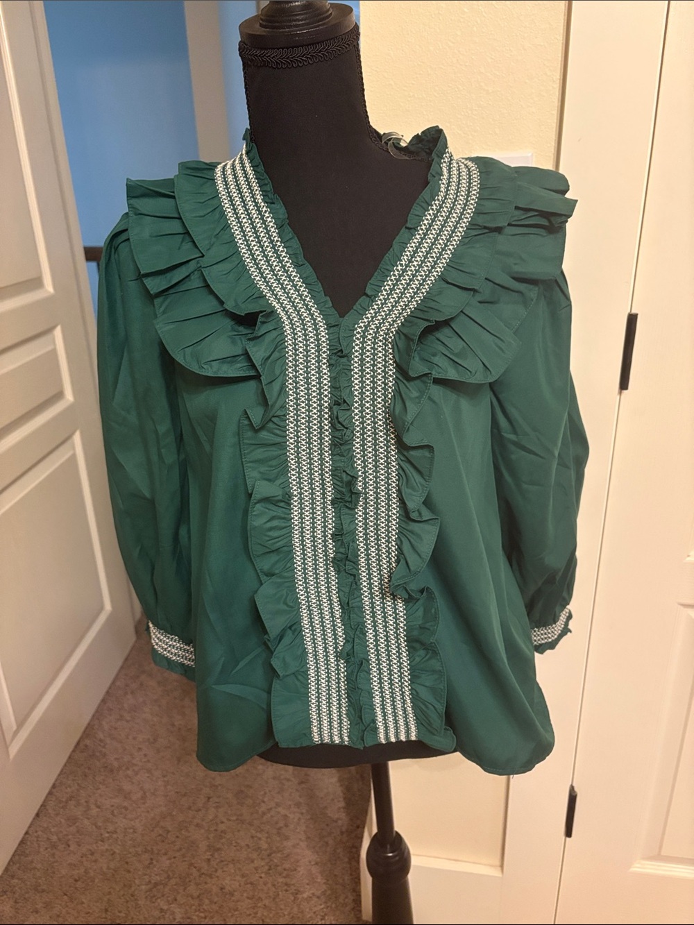 entro Emerald Green Ruffled V-Neck Blouse with Trim